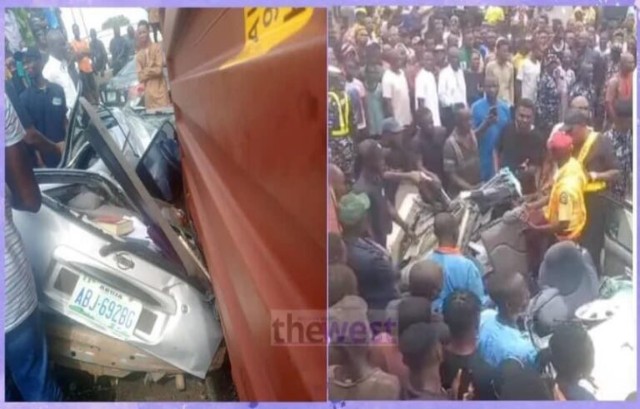 Woman kill as 40ft container falls on car in Lagos